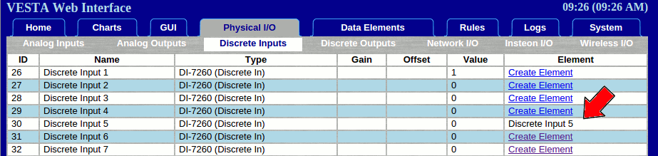 A screenshot of the Phsycial I/O tab with emphasis on Discrete Element 5 in the Elements List