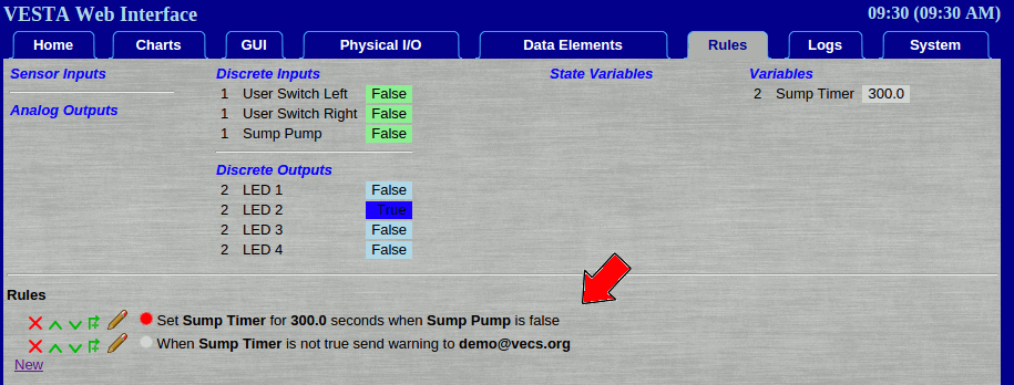 Set Sump Timer for 300.0 seconds when Sump Pump is false. When Sump Timer is not true send warning to demo@vecs.org
