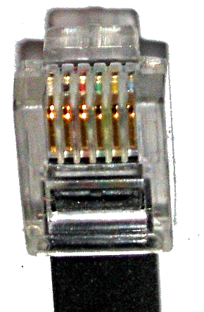 A closeup of the end of an RJ11 cable