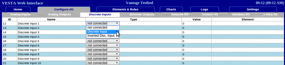 A screenshot of Discrete Input configuration in the Configure I/O tab